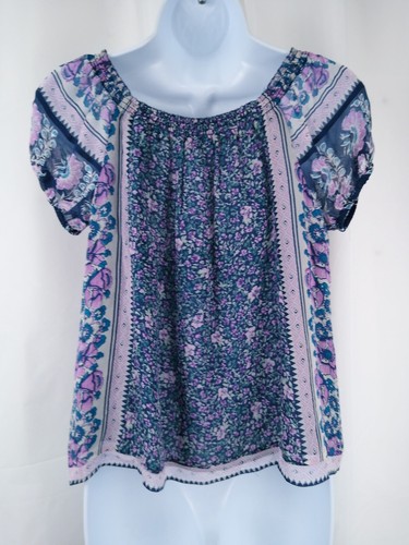 Joie Tinashe Floral Print Silk Blouse Dark Navy Puff Sleeve Peasant Size XS - Picture 3 of 11