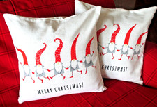 Pair of 17" X 17" MERRY CHRISTMAS Pillow Shams Depicting 5 Dancing Gnomes - New