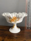 VTG FENTON SILVER CREST OPAQUE MILK GLASS COMPOTE HAND PAINTED ART GLASS