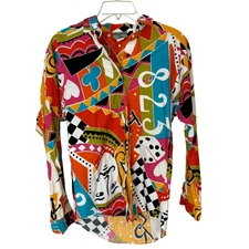 Colorful Cards and Dice Themed Long Sleeve Button Down Blouse Women's Small