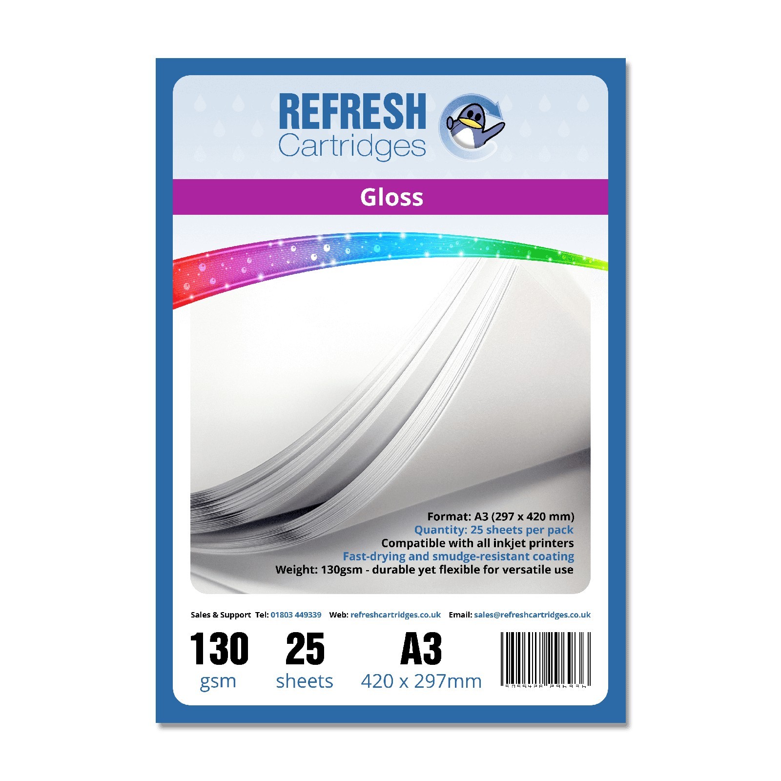 Refresh Cartridges Glossy Coated A3 Professional Inkjet Photo Paper 130gsm - 25