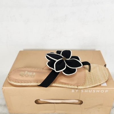 10 WOMEN - ShuShop Brylee - Black Floral Flat Thong Sandal