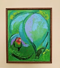Lush Tropical Parrot Dream: Original Acrylic Painting Green Background
