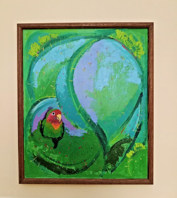 Lush Tropical Parrot Dream: Original Acrylic Painting Green Background Blues, Re