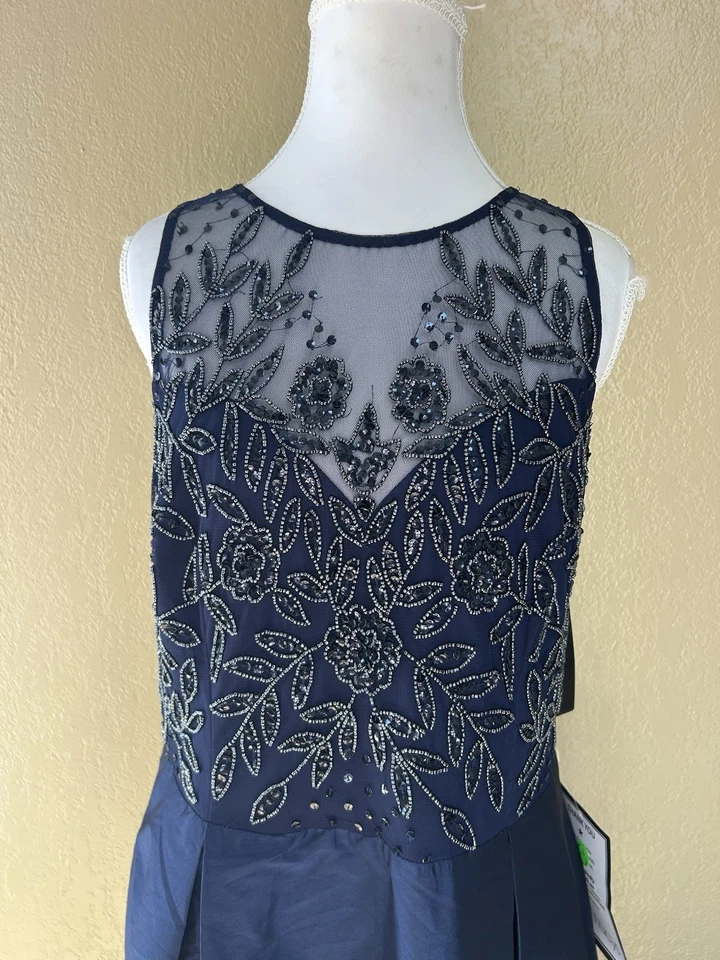 Vestido Largo Adriana Papell Azul Marino Claro Estilo Código AT412 Cuentas Top Tafetán Talla 12 Foto 3 de 4