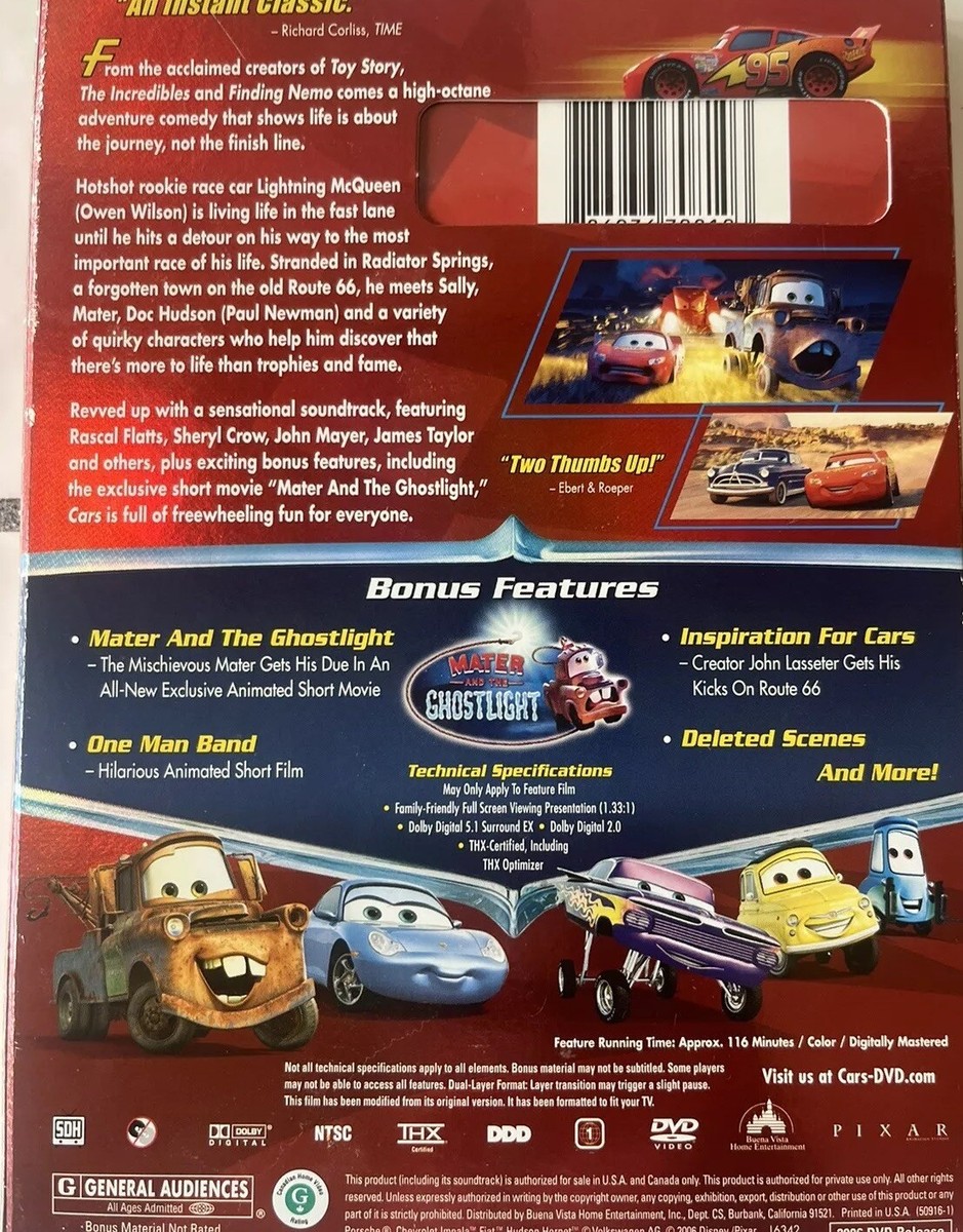 Disney Pixar CARS (DVD, 2006) Full Screen Like New FREE SHIPPING