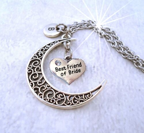Best Friend of  Bride Necklace, BFF of the Bride Filigree Crescent Moon Gift - Picture 1 of 4