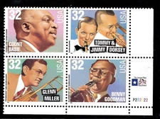 U S SCOTT 3099a  BIG BAND LEADERS PLATE BLOCK  OF 4 DIFFERENT MNH