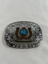 Western Silvertone Belt Buckle w/ Horse Shoes Turquoise Color Stone