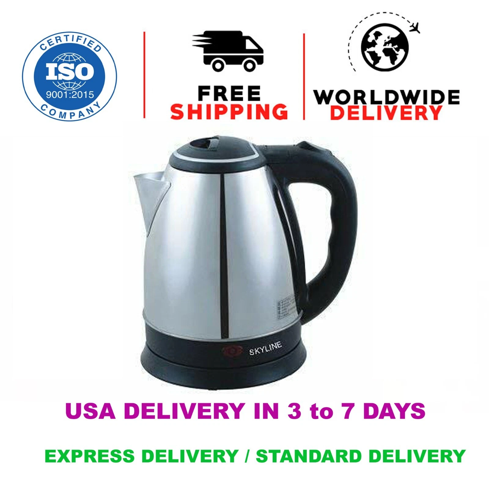 Skyline Electric Tea Kettle Stainless Steel Cordless Coffee Pot Hot Water 1.8 L