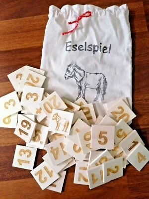 MULDE & ROSENKRANZ GMBH NEUES*ESELSPIEL klein ° 61x HOLZ Steine Gelasert ° NEU ° Handarbeit-Stoffbeutel