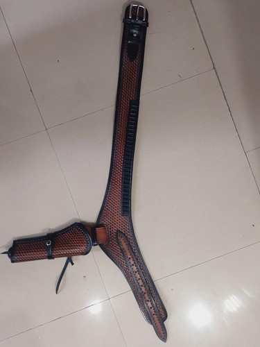 Western Gun Holster Belt Genuine Leather Revolver Pistol .22 .35/357 .44/45 Cal - Picture 10 of 11
