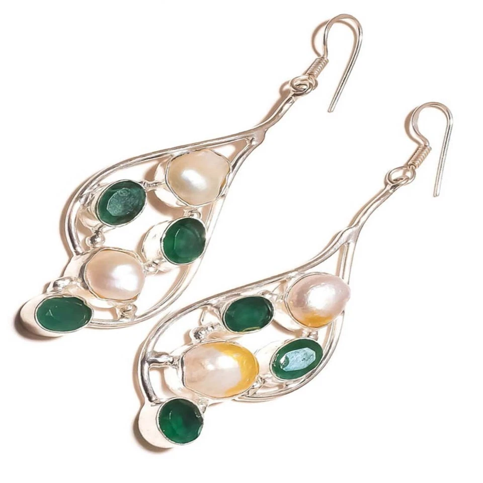 Russian Green Onyx and White Biwa Pearl Gemstone Handmade Drop Dangle Earrings - Image 3 of 3