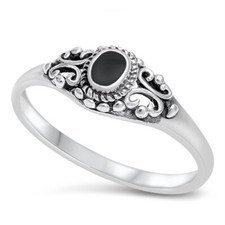 Women's Vintage Black Agate Filigree Ring .925 Sterling Silver Band Sizes 4-10