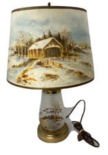 Vtg 1950’s Rustic 21” Table Lamp-Hand Painted Base & Shade-Winter Country Scene