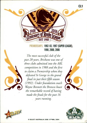 Signed 2008 Brisbane Broncos NRL Select Centenary Club Logo Card - Wayne Bennett - Picture 2 of 3