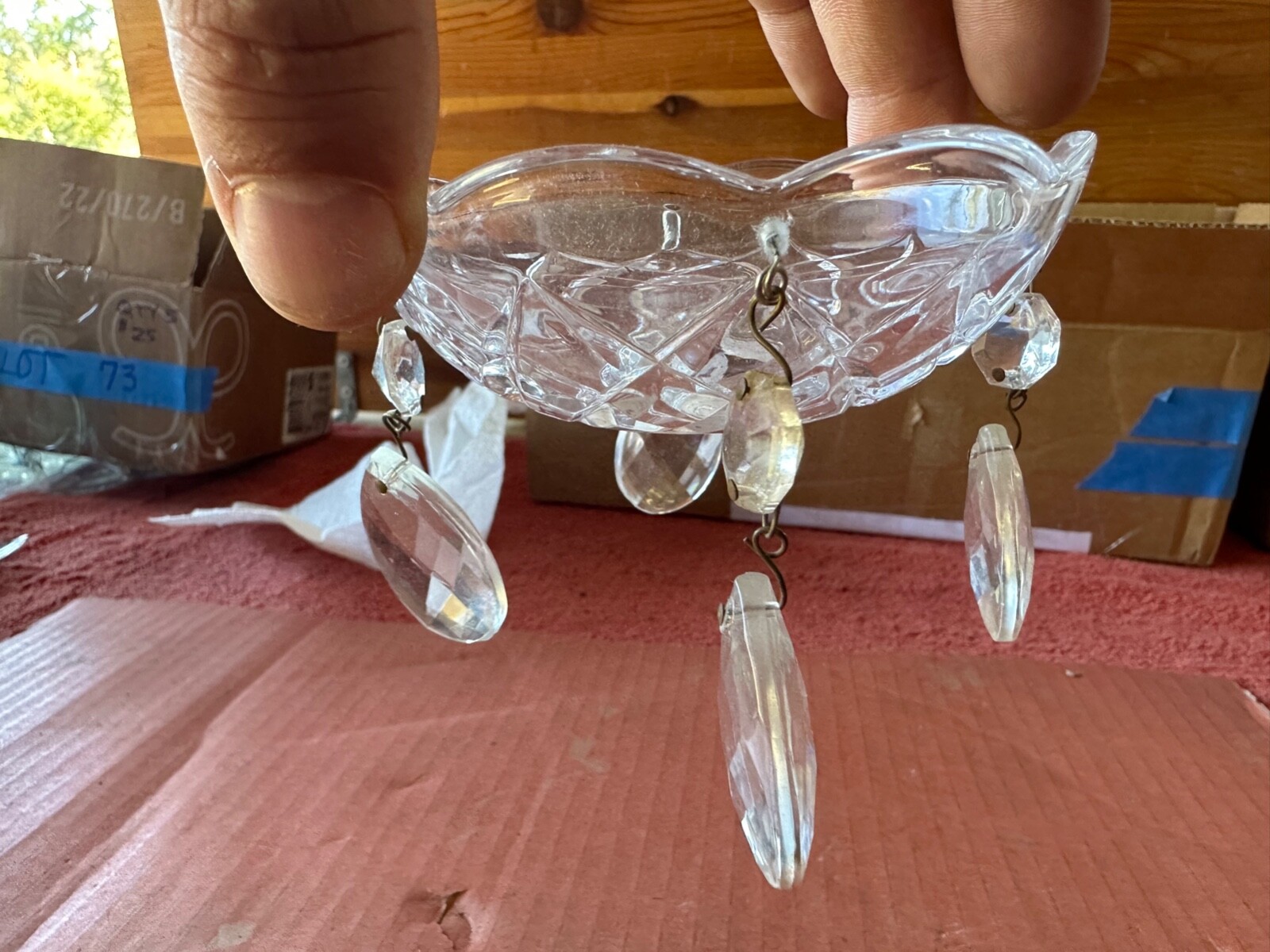 Vintage Crystal Chandelier Bobeche Drip Dish with 4 Tear Shaped Dangles Hole