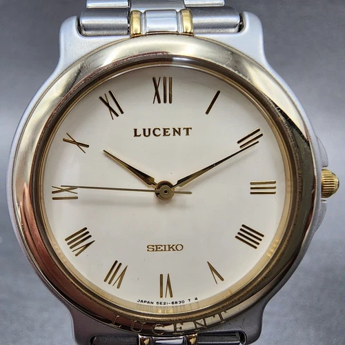 Seiko Lucent Watch Men 31mm Cream Dial Two Tone Round 5E21-6B70 New Battery