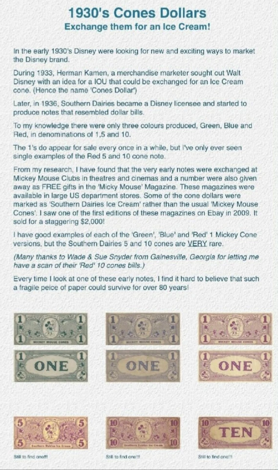 Superb Rare Exclusive 1930 First Issue Disney Cone Dollars One Cent Note Green  - Image 3 of 3