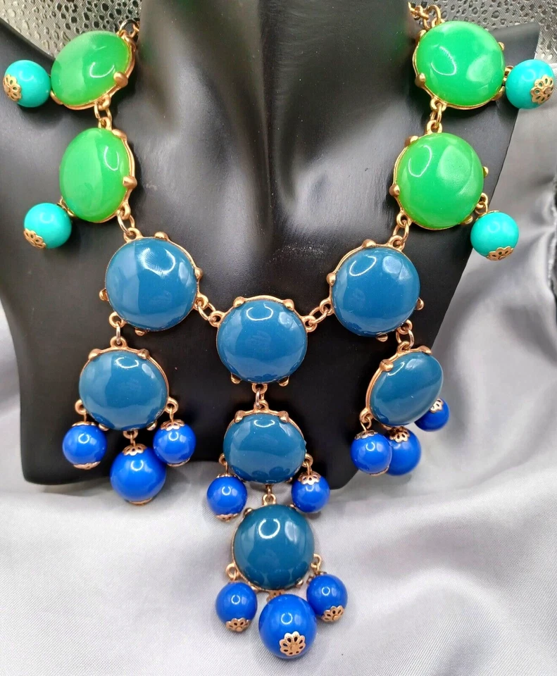 J. Crew Bib Necklace Gold Tone Green & Blue Cabochons, Turquoise Dangling Beads - Image 2 of 4