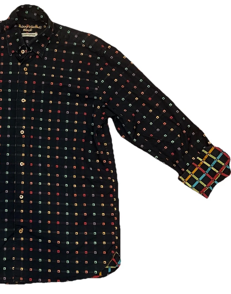 Camisa Luchiano Visconti Negra - Mangas Largas - Cuadrados Azul Marino y Multicolor - Mediana Foto 3 de 4