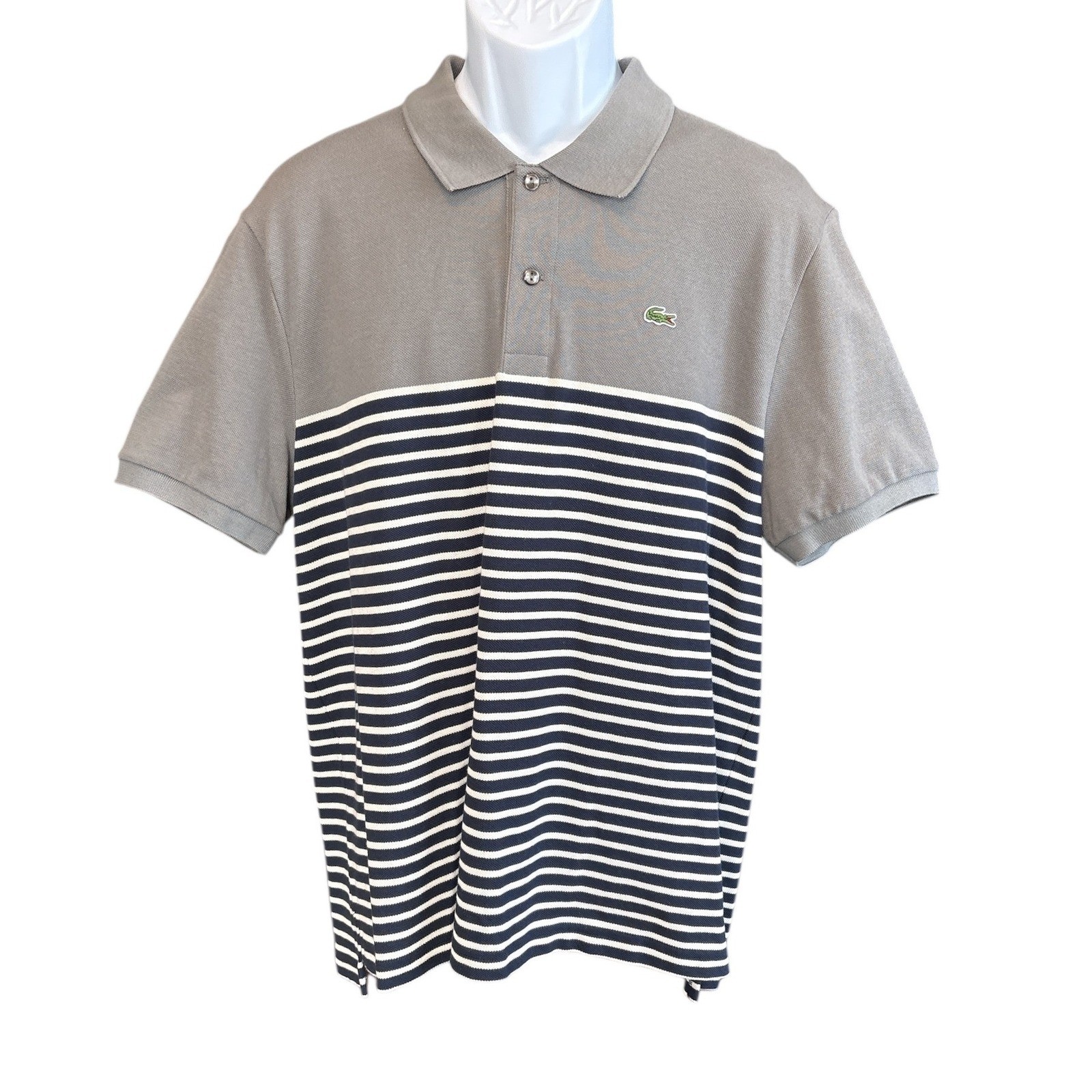 NWT Lacoste Slim Fit Polo Shirt, Gray & Navy Stripe, Size XXL (8) -Fits L/XL Reg