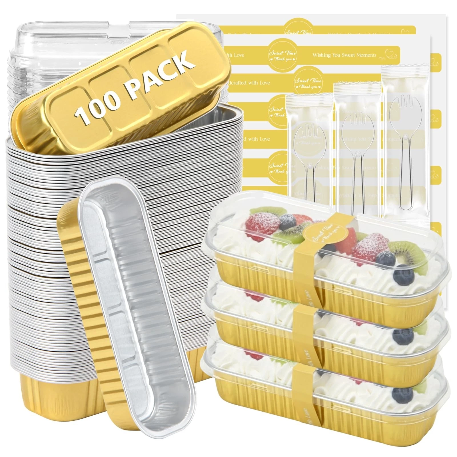 100 Pack Mini Loaf Pans with Lids and Spoons Disposable Aluminum Tin Foil Pan...