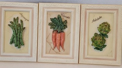 Vtg 3D Vegetable Wall Art Lot 3 Carrot Asparagus Artichoke  Kitchen Decor 5x7