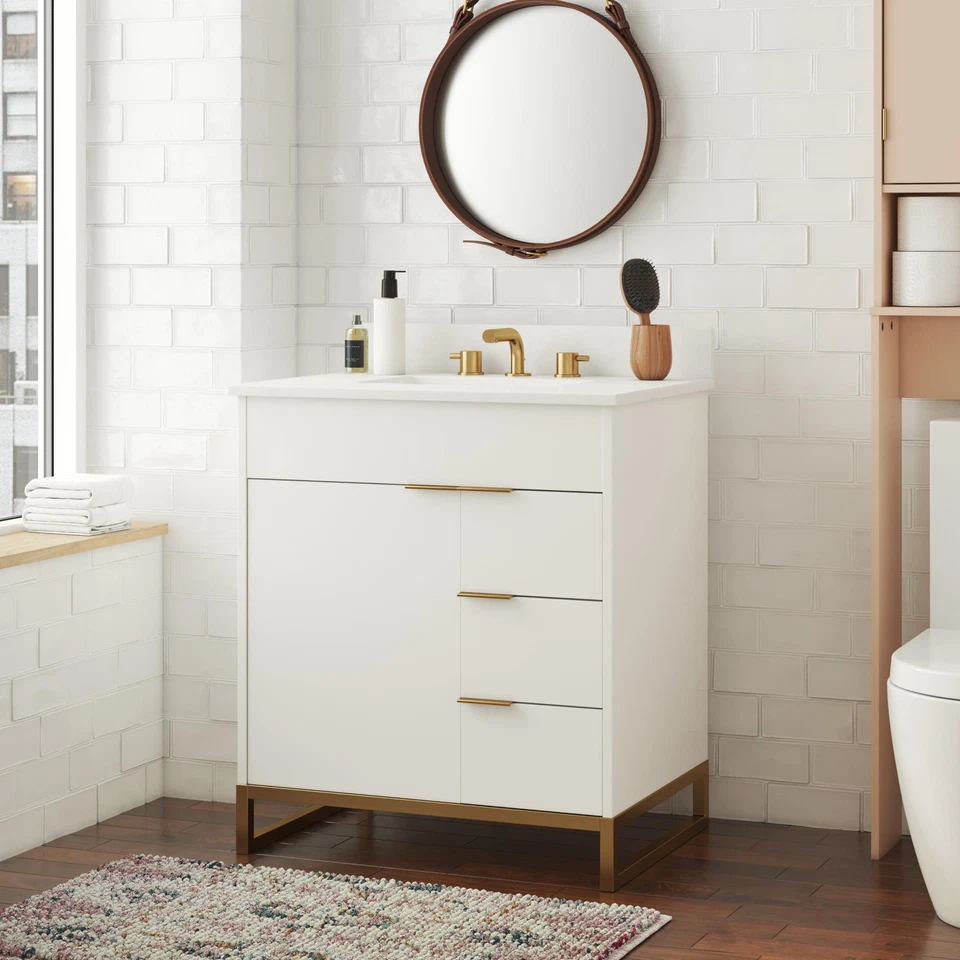 "Tocador de baño CosmoLiving Leona 30"" blanco con metal dorado" Foto 2 de 4