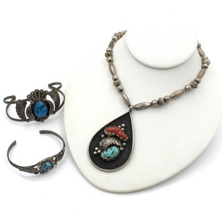 Southwest Sterling Turquoise Red Coral Cuff Bracelet Necklace Lot of 3 #S5854 5