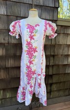 Vintage Two Palms Hawaiian Muumuu Luau Dress Pink White Floral Sz M Cotton
