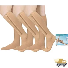 3 Pairs Zipper Compression Socks, 15-20 mmHg Closed Toe Compression Stocking ...