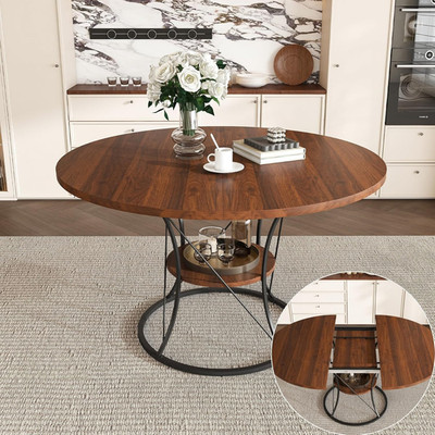 Expandable 43''-59'' Round Dining Table with Storage Shelf for 4-6 People