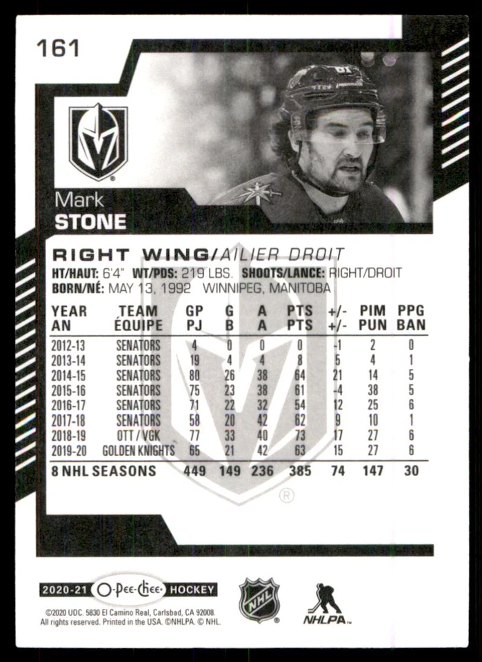 2020-21 O-Pee-Chee Mark Stone Vegas Golden Knights #161 - Image 2 of 2