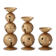 K & K Interiors - Gold Jingle Bell Pillar Candleholders Set/3 - 56251B-GO