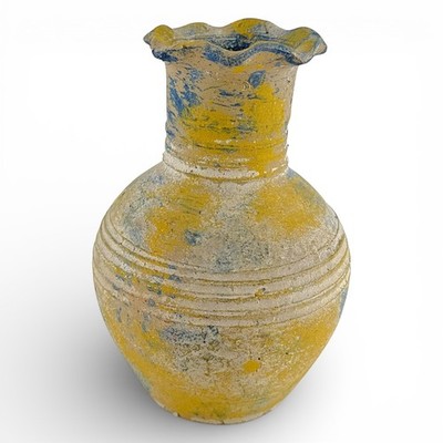 VINTAGE STUDIO KERAMIK VASE GEWELLTER RAND GELB BLAU RUSTIKAL PRIMITIV DEKOR KUNST