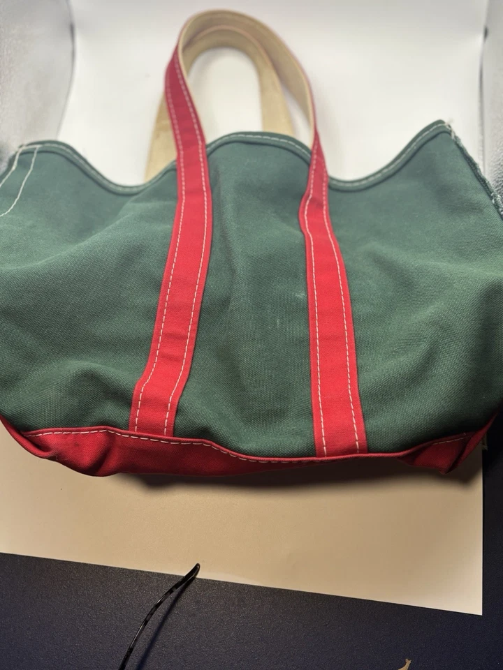 "Bote y bolso de mano LL Bean vintage raro verde rojo lona 17"" con asas 12"" x 6""" Foto 4 de 4