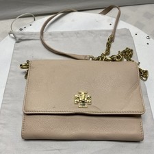 Tory Burch mercer chain wallet light oak pink pebbled leather crossbody turnlock