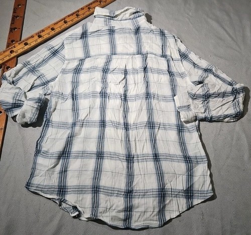 Camisa American Eagle para mujer mediana blanca ajuste de novio a cuadros lengüeta enrollable preppy - Imagen 10 de 13