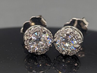 14K Weißgold Halo Ohrringe - 0,72 TCW runde Moissanite & natürliche Diamant Ohrstecker