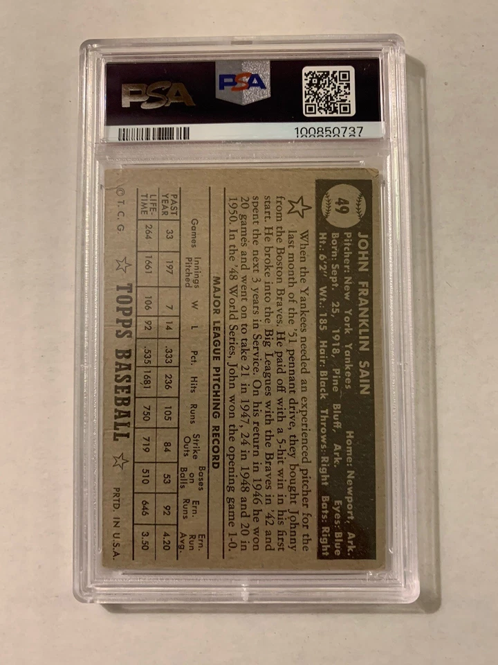 1952 Topps Johnny Sain #49 PSA 2.5 - Image 3 of 3