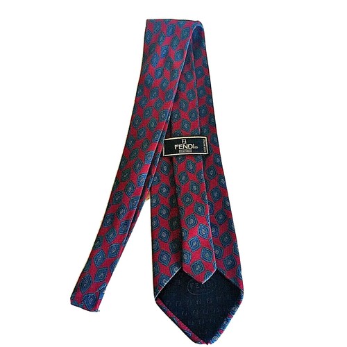 FENDI Cravatte Mens Authentic Pure Silk Neck Tie Hand Made in Italy Red Blue - Picture 3 of 7