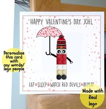 LEGO football club brick greetings Card VALENTINE'S DAY personalised BLUE RED