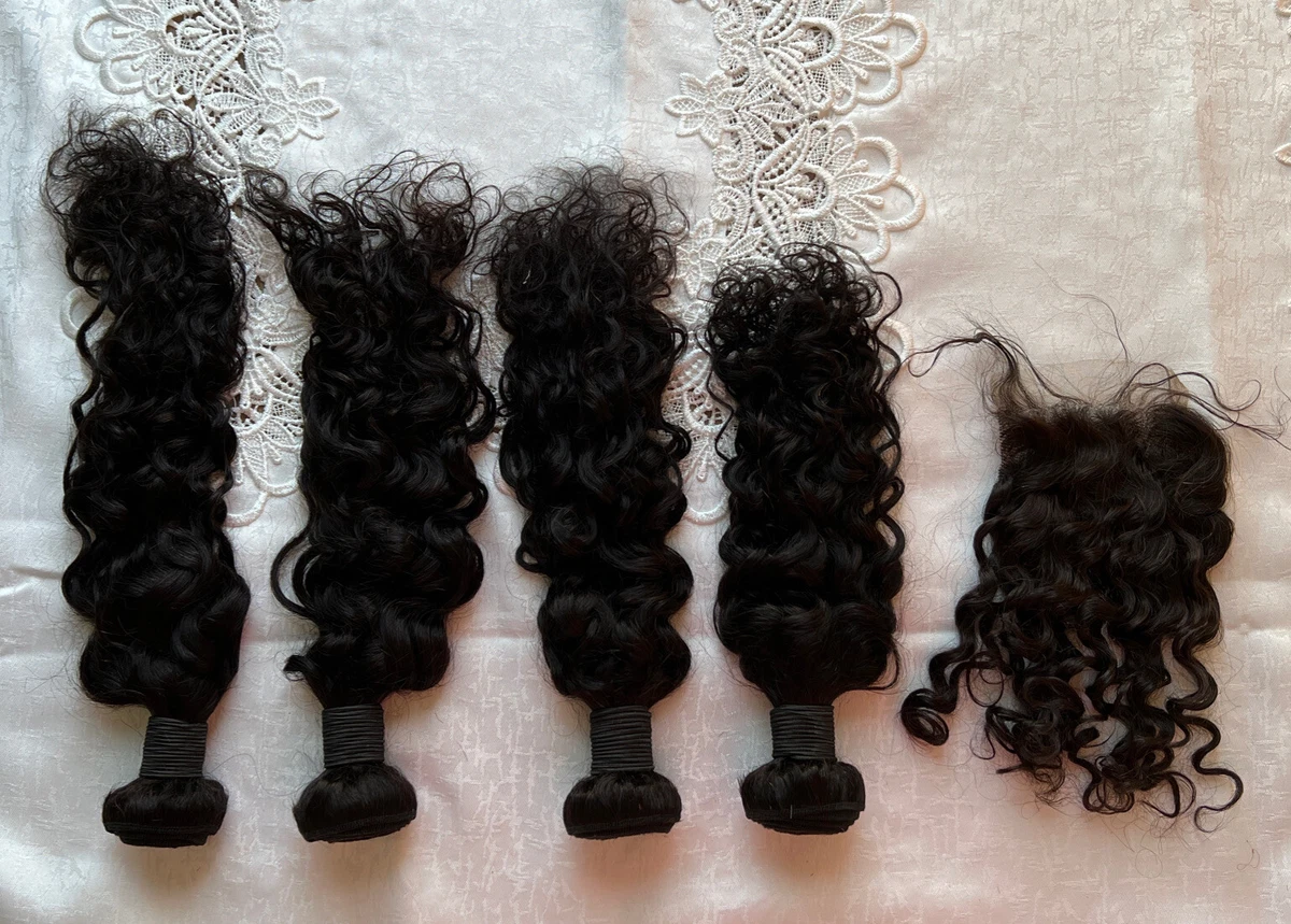 Curly 100 Natural Real Human Hair Weave 4 Bundles Closure 4x4