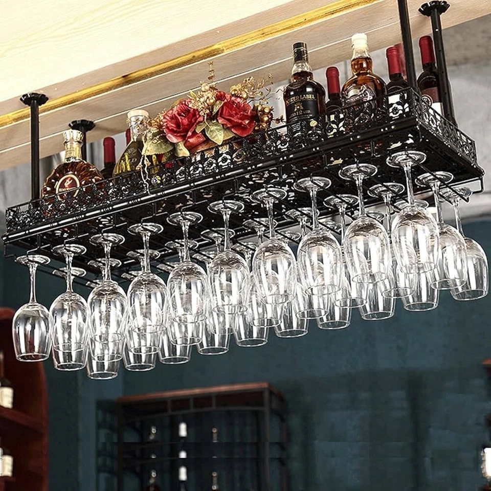 Vintage Retro Black Ceiling Glass Holder Wine Bottle Storage Display Shelf Racks - Image 2 of 4