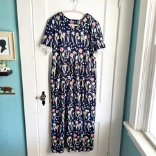 VTG Talbots Floral Maxi Dress Lace Sleeve Detail Tulip Print Navy Short Sleeve L