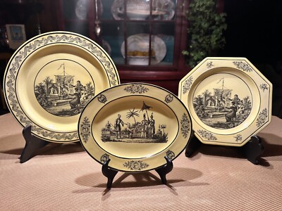 Vintage Mottahedeh Italian Yellow and Black Toile Creil Ware Set of 3