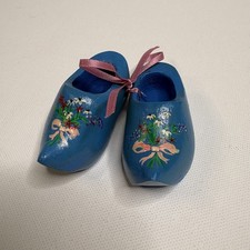 Mini Vintage Hand Painted Blue Wooden Clogs Dutch Folk Art