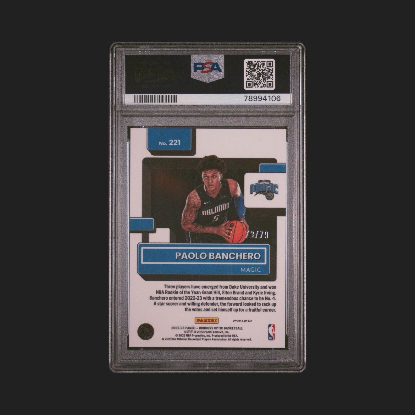 Panini 2022-23 Optic Paolo Banchero Pink Velocity /79 #221 PSA 10 Rookie Card RR view 2