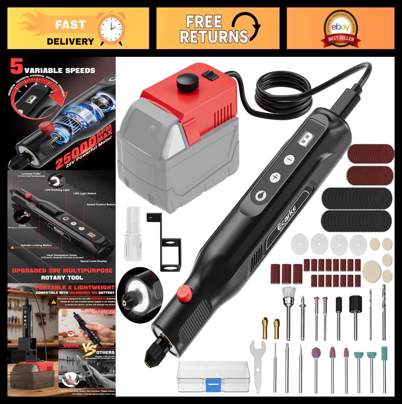 Rotary Tool Kit 25000RPM 5-Speed, 108 Accessories, Pet Nail Grinder, DIY Crafts,